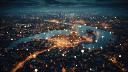 Obraz premium big city at night with network lines connected to satellites, cityscapes, circular shapes, industrial photography. High quality photo. top view