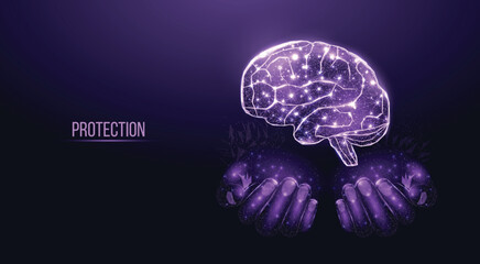 Two human hands are holds human brain. Support healthy brain concept. Wireframe glowing low poly design on dark background. Abstract futuristic vector illustration