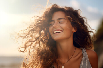 Portrait of a beautiful young smiling caucasian beauty woman on a sunny day with sunlight...