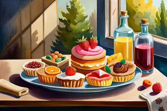 A mouthwatering still life painting featuring an array of colorful and delectable sweets and snacks, carefully arranged on a traditional tray