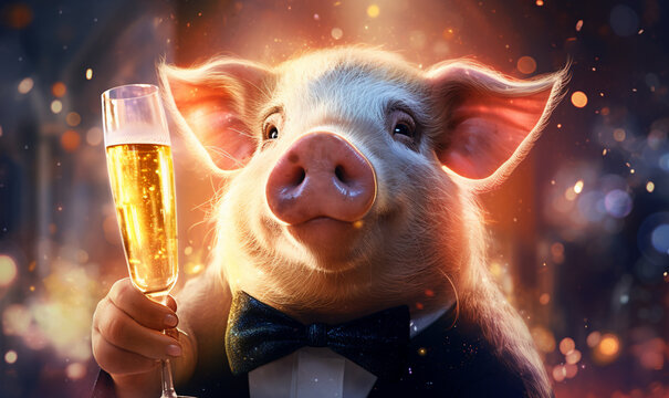fröhliches  Glücksschwein mit Champagner am Silvesterabend