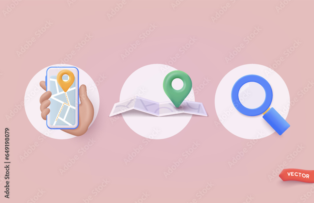 Poster set of location folded paper map, search bar and pin isolated. gps and navigation symbol. element fo