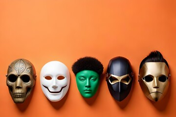 Halloween masks arranged in a row on an orange background - obrazy, fototapety, plakaty