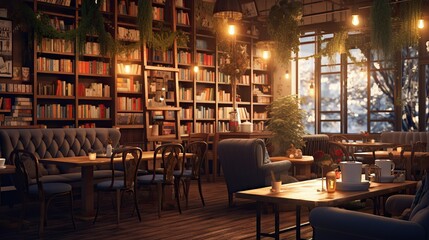 cozy coffee shops, perfect for setting the mood for studying, relaxing, or enjoying a cup of coffee while listening to lofi music - obrazy, fototapety, plakaty
