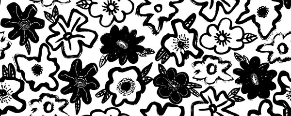 Trendy floral seamless pattern for fabric design. Flowers in Japanese style black and white texture. Summer vector illustration. Abstract grunge texture. Hand drawn brush pattern.