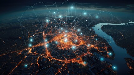 Naklejka na ściany i meble big city at night with network lines connected to satellites, cityscapes, circular shapes, industrial photography. High quality photo. top view