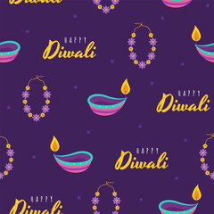 Obraz na płótnie Canvas Diwali seamless pattern. Cute background for hindu holiday. Indian festival of lights. Vector illustration in flat cartoon style. Perfect for fabric, package paper, wallpaper, greeting cards.