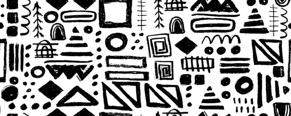 Abstract Memphis geometric shapes seamless pattern. Brush drawn bold geometric shapes, stripes, wavy lines, circles and dots. Abstract tech background. Hand drawn basic figures in futuristic style.