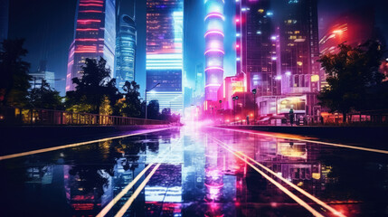 Fototapeta na wymiar Night street illuminated by neon lights in cyberpunk style. For backgrounds, covers, banners, collages and other projects in cyberpunk style.