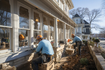workers installing doors and windows in a new house made with AI - obrazy, fototapety, plakaty