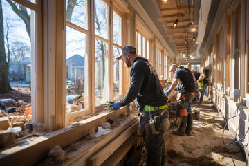workers installing doors and windows in a new house made with AI - obrazy, fototapety, plakaty
