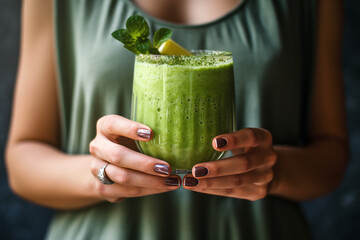 Woman holding green smoothie or other green vegetable smoothie wearing green, focus on drink. Concept of healthy eating and healthy food.generative ai
