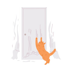 Pet mess in a room, disorder and destruction by naughty ginger cat, scratched door wallpaper, vector bad kitten behavior