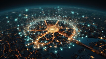 big city at night with network lines connected to satellites, cityscapes, circular shapes, industrial photography. High quality photo. top view