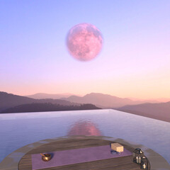 3d rendering of swimming poll with yoga mat and red moon sunset