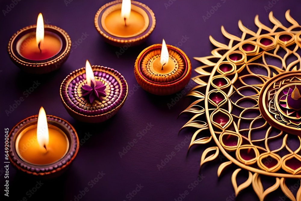 Poster top view showcasing a vibrant display of lit diyas, arranged in intricate patterns, illuminating the
