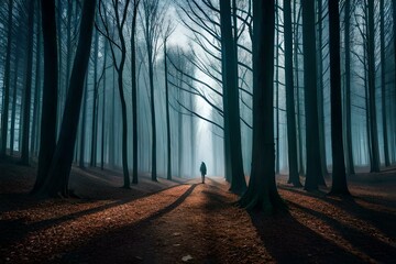 A haunting forest at twilight, with gnarled trees casting long shadows, glowing eyes peering from the darkness