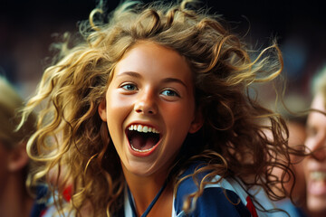 Vibrant young girl with Team France ribbons in hair, joyfully leaping amid blurred crowd. Embodying patriotic excitement, victory, and united sports fervor. - obrazy, fototapety, plakaty