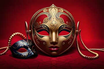 intricate masks, shimmering accessories, and elegant decorations, set against a deep red background