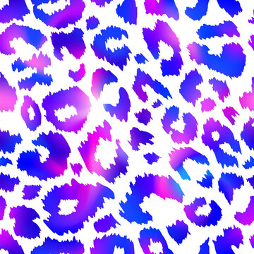 Trendy Neon Leopard seamless pattern. Vector purple rainbow wild animal cheetah skin, gradient leo texture with neon spots on white background for fashion print design, textile, wrapping, backgrounds.