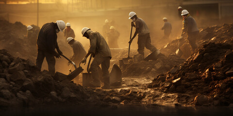 A lot of workers work in the dirt outdoors in the poor country. Poverty concept. 