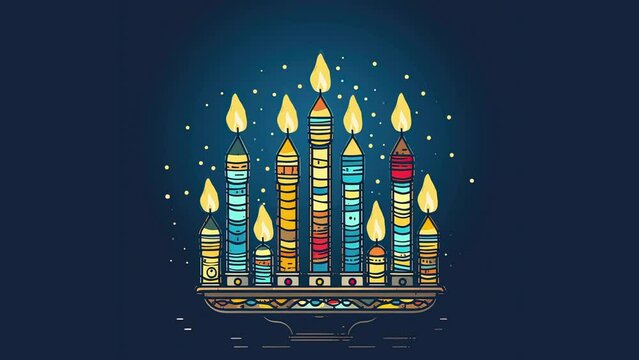 Hanukkah menorah candelabrum with nine lit candles. Video flat cartoon animation design element. Generative AI