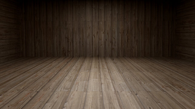 Empty wooden room in the dark background.