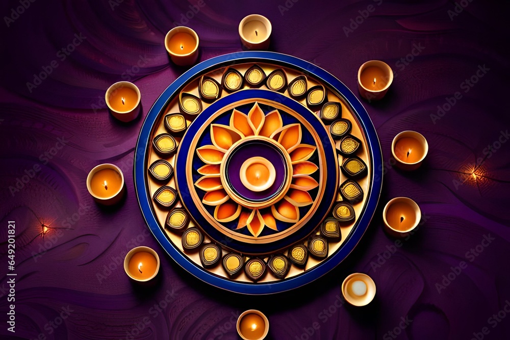 Poster top view showcasing a vibrant display of lit diyas, arranged in intricate patterns, illuminating the