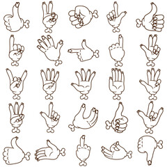 Collection of line art icon illustrations of various zombie hand poses and symbols