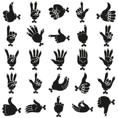 Collection of silhouette icon illustrations of various zombie hand poses and symbols