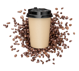 Coffee to go paper cup on the coffee beans splatter background. Takeaway drink with plastic cap and natural aroma Beans. Morning espresso or americano beverage packaging, isolated. 3D PNG illustration