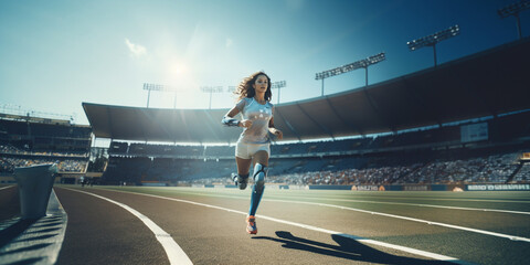 Sport sportswoman with a prosthetic leg running at the stadium. Body positive concept.  - obrazy, fototapety, plakaty