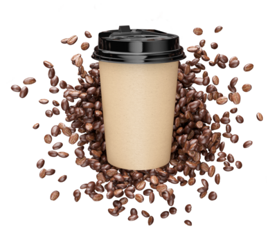 Coffee to go paper cup on the coffee beans splatter background. Takeaway drink with plastic cap and natural aroma Beans. Morning espresso or americano beverage packaging, isolated. 3D PNG illustration