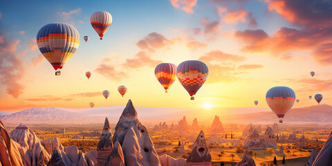 Hot Air Balloons in Turkey, Cappadocia landscape at sunrise. Travelling concept. 
