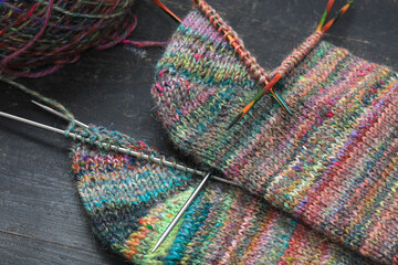 Beautiful handknit knitting samples of  socks, made with pure organic handspun sheep wool yarn from...