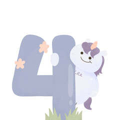 number 4 cute kawaii unicorn watercolor animal letter kids birthday baby shower nursery	