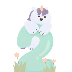 number 2 cute kawaii unicorn watercolor animal letter kids birthday baby shower nursery	