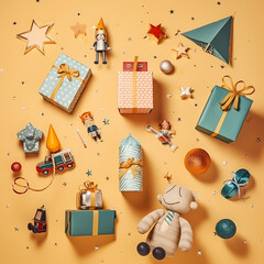 Christmas box presents and toys isolated on solid pastel background