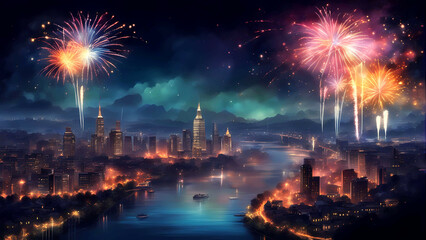 Naklejka premium Fireworks over the river passing through a city.