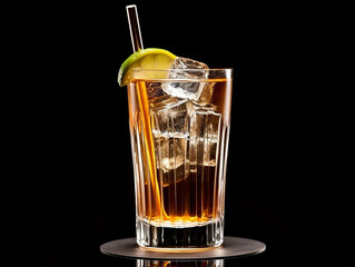 A glass of cool drink with a slice of lemon and a straw on a dark background