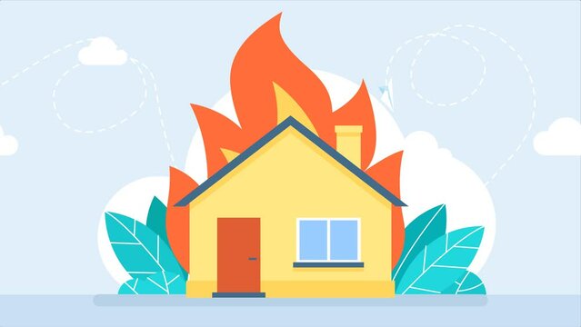 Fire Insurance. Fire in house, burning cottage, flame with long tongues in real estate building residential dwelling. Home insurance. Dangerous accident at home. 2d flat bright animation. Cartoon 