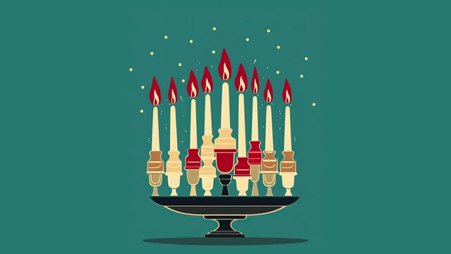 Hanukkah menorah candelabrum with nine lit candles. Video flat cartoon animation design element. Generative AI