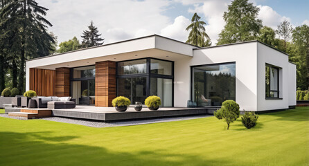 modern minimalist house with white colored stucco and wood flooring on green grass - obrazy, fototapety, plakaty
