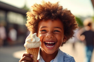 Beautiful African American Baby Boy Enjoying Gelato Ice Cream Outdoors on a Summer Day with a Blurred City Background. created with Generative AI