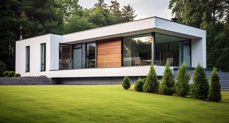Fototapeta na wymiar modern minimalist house with white colored stucco and wood flooring on green grass
