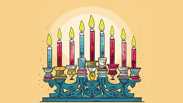 Hanukkah menorah candelabrum with nine lit candles. Video flat cartoon animation design element. Generative AI