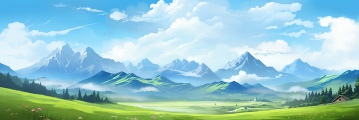 Panoramic natural landscape with green grass field, blue sky and mountains in background