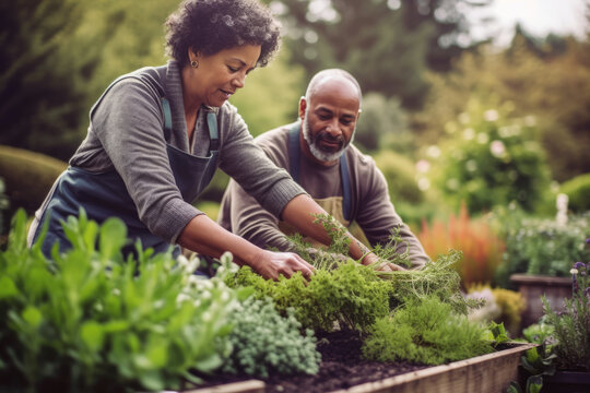 Mixed race middle age couple green gardening
