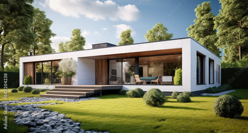 Wall mural modern minimalist house with white colored stucco and wood flooring on green grass