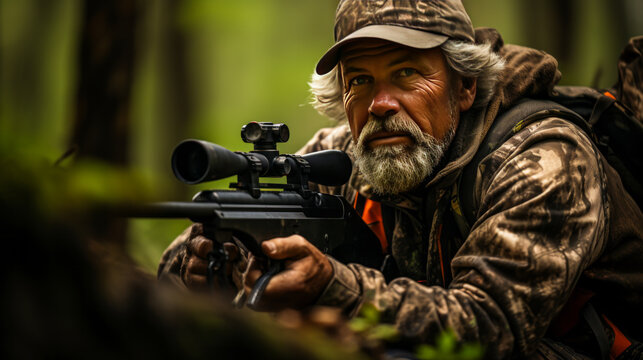 Captivating view of a skilled hunter in camouflage, expertly aiming bow and arrow at target amidst lush forest. Perfect embodiment of precision, skill, tradition and conservation.